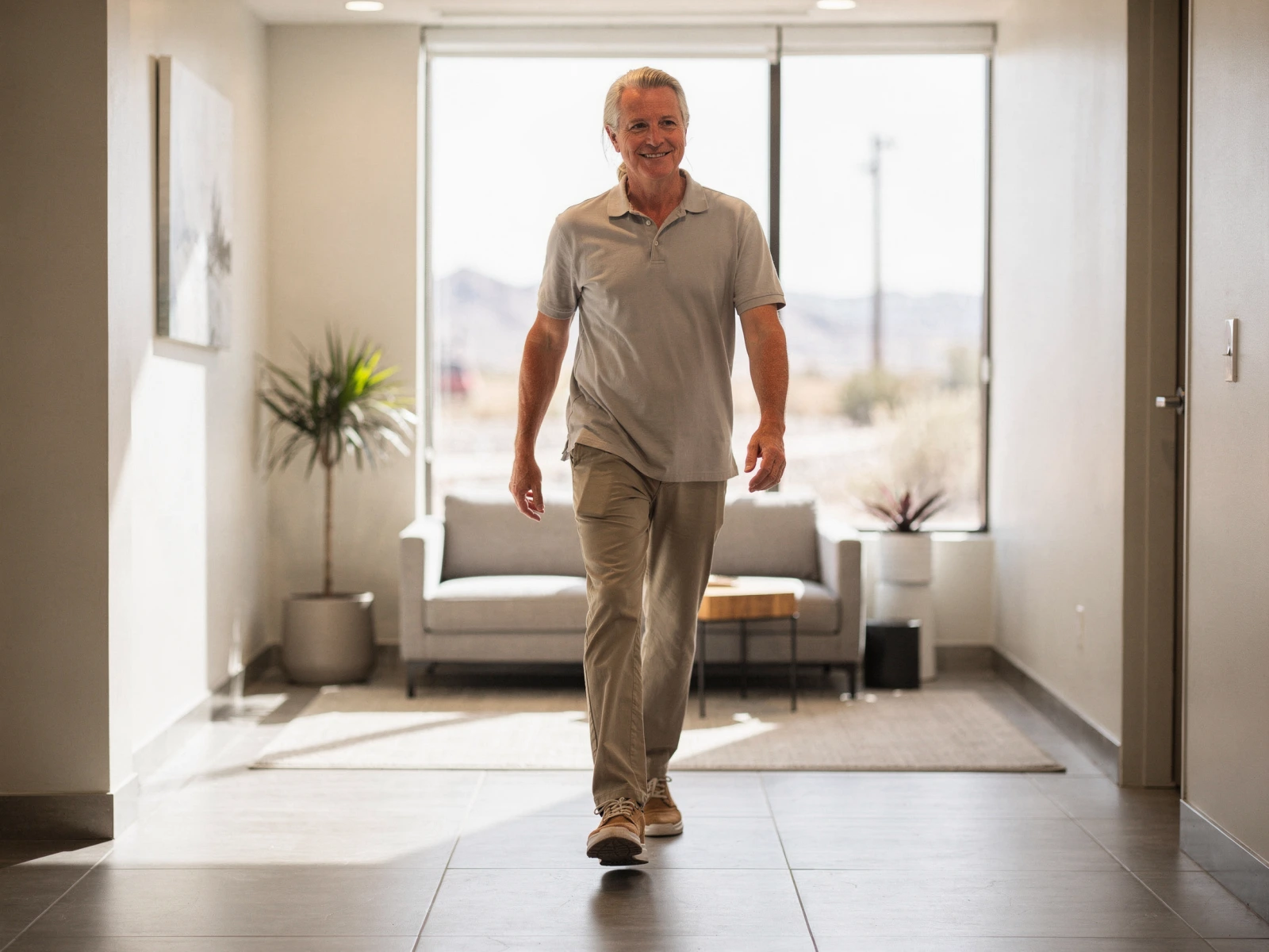 Josh Hustedt, orthopedic surgeon, walking through a modern clinic waiting area with seating and desert views